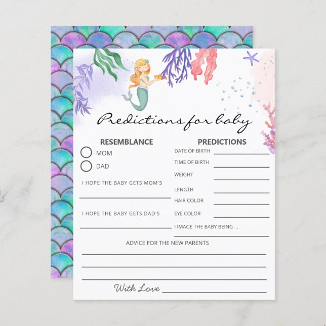 Watercolor Mermaid Prediction Baby Shower Game (Front/Back)