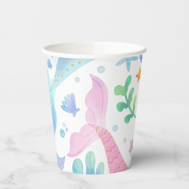 Watercolor Mermaid Tail Under The Sea Party Paper Cups (Left)