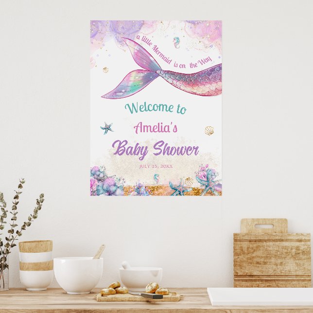 Watercolor Mermaid Tail Welcome Ocean Girl Poster (Kitchen)