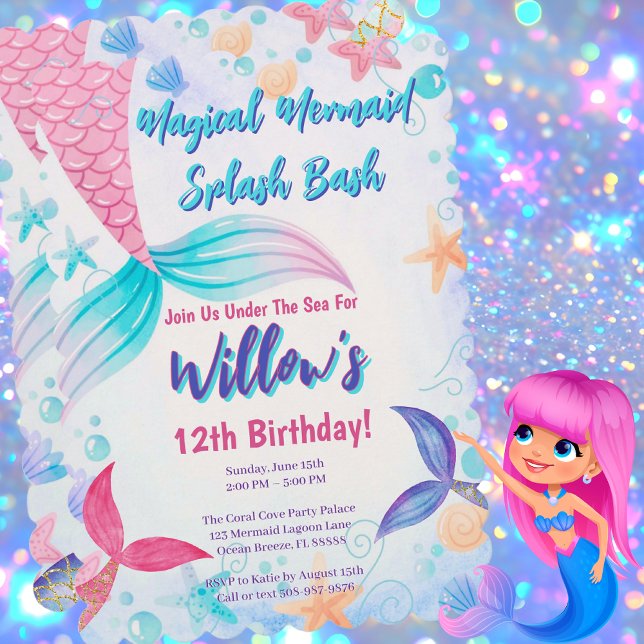 Watercolor Mermaid Tails Magical Birthday Party  Invitation (Magical Mermaid Birthday Party Invitation)