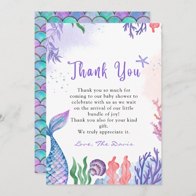 Watercolor Mermaid Thank You Cards (Front/Back)