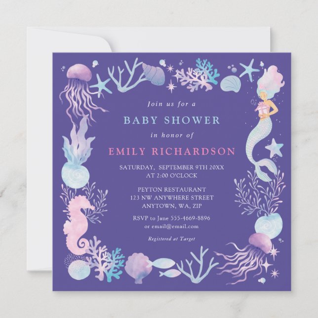 Watercolor Mermaid Under The Sea Baby Shower Invitation (Front)