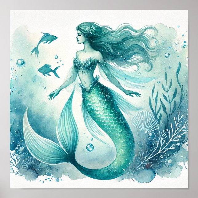 Watercolor Mermaid Wall Art Posters (Front)
