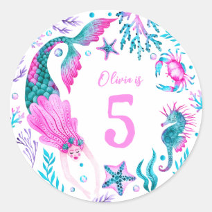 Watercolor Mermaids, Sea Shells + Ocean Creatures Classic Round Sticker