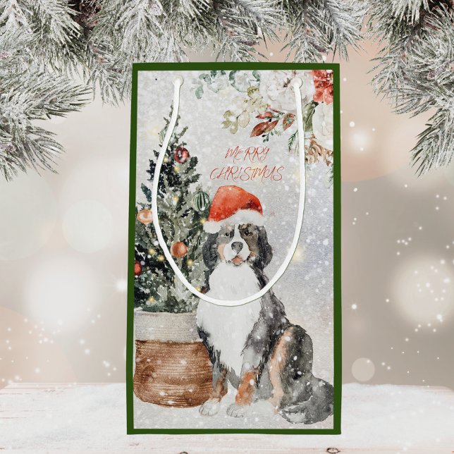 Watercolor Merry Christmas Bernese Mountain Dog Medium Gift Bag (Creator Uploaded)