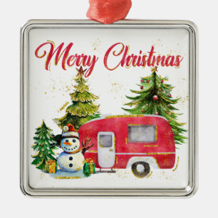 WATERCOLOR MERRY CHRISTMAS CAMPER & TREES METAL ORNAMENT