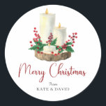Watercolor Merry Christmas Candles Berries Leaves Classic Round Sticker<br><div class="desc">Watercolor Merry Christmas Candles Berries Leaves Classic Round Sticker. . Features white candles with holly red berries,  leaves. Beautiful handwritten typography. For any further customisation or like this design on another product,  contact me at kbasandra@gmail.com.</div>