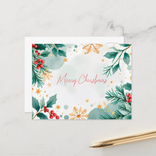 Watercolor Merry Christmas Card Leaves & Berries 