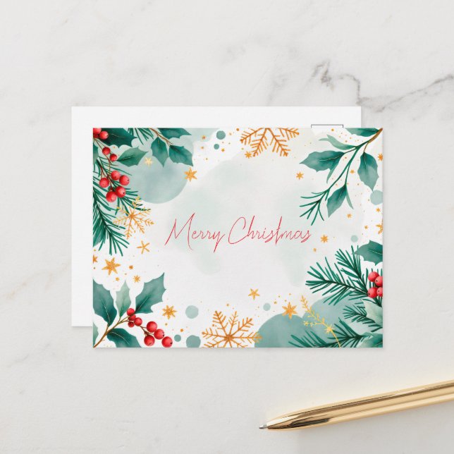 Watercolor Merry Christmas Card Leaves & Berries  (Front/Back In Situ)