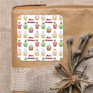 Watercolor Merry Christmas Cupcake Pattern Square Sticker