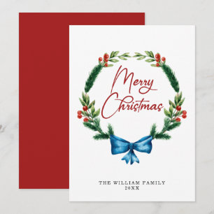 Watercolor Merry Christmas Greenery Wreath Holiday Card