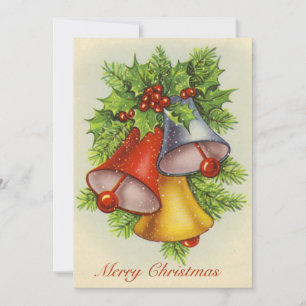 Watercolor Merry Christmas Holly Red Yellow Bell   Holiday Card