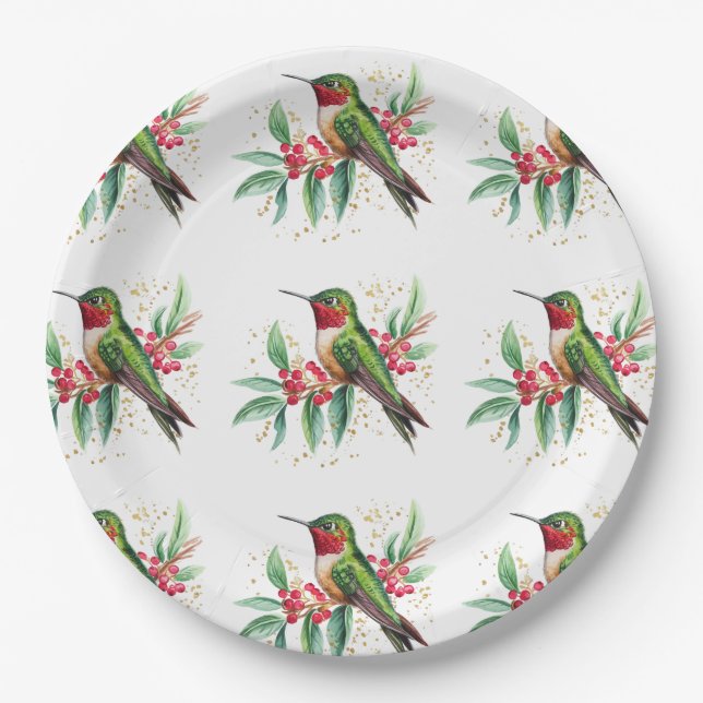 Watercolor Merry Christmas Hummingbird Paper Plate (Front)