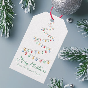 Watercolor Merry Christmas Lights Tree Modern Gift Tags