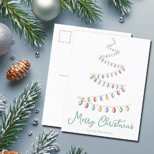 Watercolor Merry Christmas Lights Tree Modern Holiday Postcard