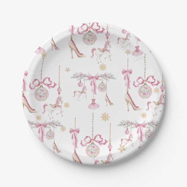  Watercolor Merry Christmas Nutcracker ballet pink Paper Plate (Front)