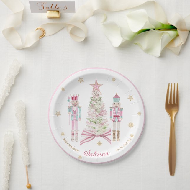  Watercolor Merry Christmas Nutcracker ballet pink Paper Plate (Wedding)