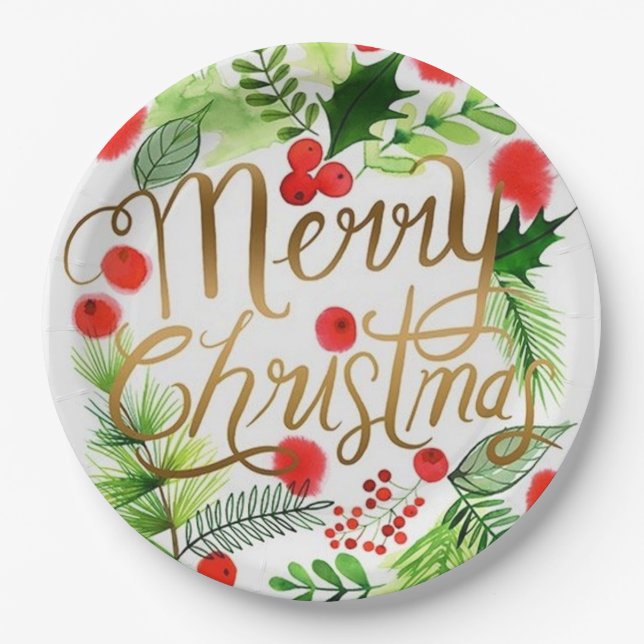 Watercolor Merry Christmas Paper Plate (Front)