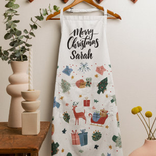 Watercolor Merry Christmas Pattern Cooking Apron