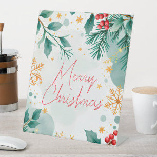 Watercolor Merry Christmas Pedestal Sign – Leaves 