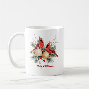 Watercolor Merry Christmas Red Cardinal & Berries Coffee Mug