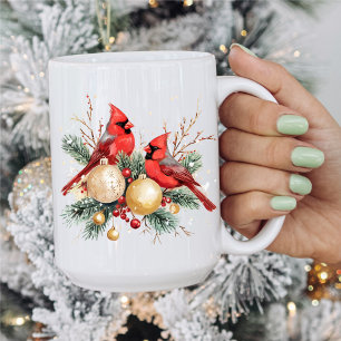Watercolor Merry Christmas Red Cardinal & Berries Coffee Mug