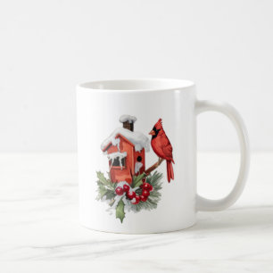 Watercolor Merry Christmas Red Cardinal & Berries Coffee Mug