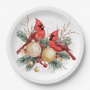 Watercolor Merry Christmas Red Cardinal & Berries Paper Plate
