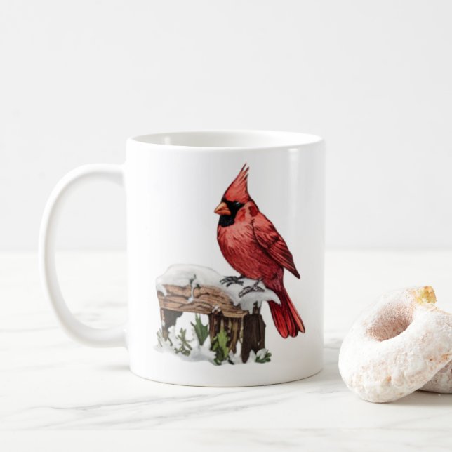 Watercolor Merry Christmas Red Cardinal  Coffee Mug (With Donut)