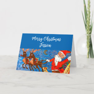 Watercolor Merry Christmas Santa Reindeer Daughter Holiday Card
