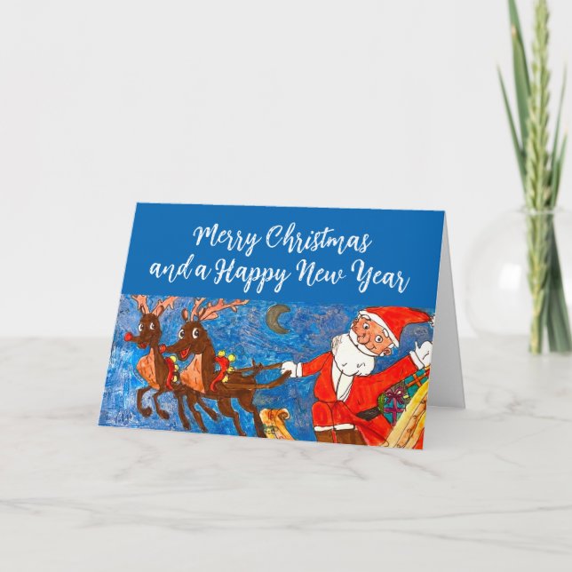 Watercolor Merry Christmas Santa Reindeer Holiday Card (Front)
