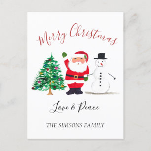 Watercolor Merry Christmas Santa Snowman  Holiday Postcard