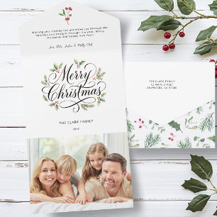Watercolor Merry Christmas Script Botanical    All In One Invitation