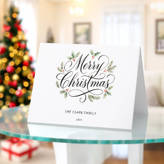 Watercolor Merry Christmas Script Botanical Holiday Card