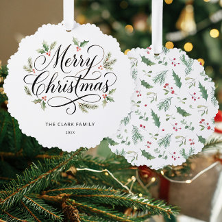 Watercolor Merry Christmas Script Botanical Tree Decoration Card