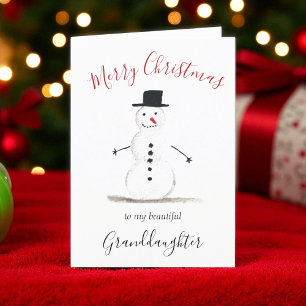 Watercolor Merry Christmas Snowman Granddaughter Holiday Card