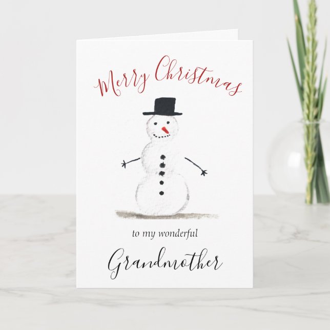 Watercolor Merry Christmas Snowman Grandmother Holiday Card (Front)