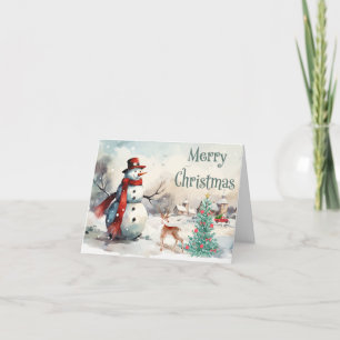 Watercolor Merry Christmas Snowman  Holiday Card