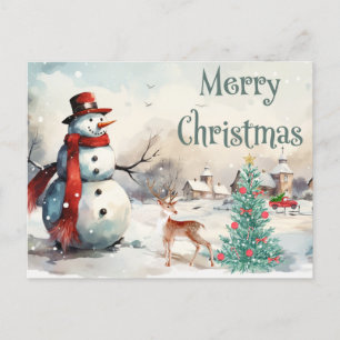 Watercolor Merry Christmas Snowman  Holiday Postcard
