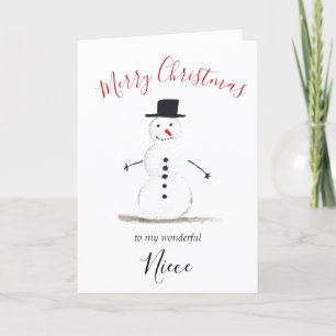 Watercolor Merry Christmas Snowman Niece Holiday Card