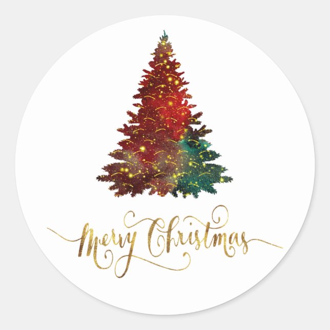 Watercolor Merry Christmas Tree Design Classic Round Sticker (Front)