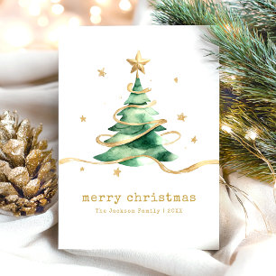 Watercolor Merry Christmas Tree Holiday Card