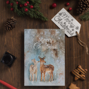 Watercolor Merry Christmas Winter Snow Fawn Deer Holiday Card