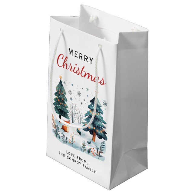 Watercolor Merry Christmas Winter Woodland  Small Gift Bag (Back Angled)