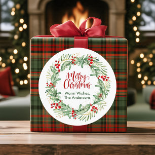 Watercolor Merry Christmas Wreath Custom Gift Classic Round Sticker