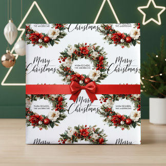 Watercolor Merry Christmas Wreath Family Name Gift Wrapping Paper