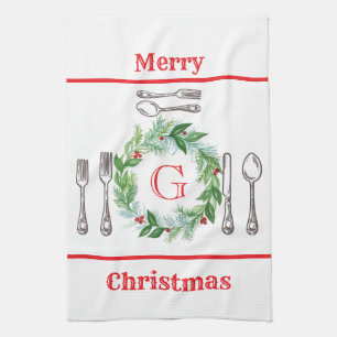 Watercolor Merry Christmas Wreath MONOGRAM Cutlery Tea Towel