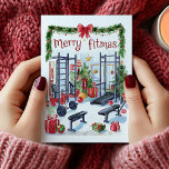 Watercolor Merry Fitmas Fitness Christmas Card<br><div class="desc">A heartwarming fitness Christmas card featuring fitness equipment surrounded by Christmas decor. Personalise with your greeting text.</div>