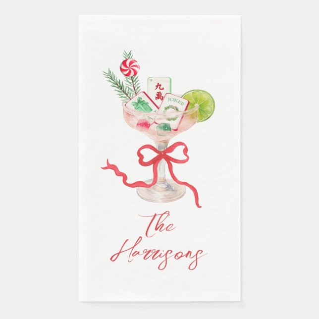 Watercolor Merry Mahjong Christmas Cocktail Party Napkin (Front)