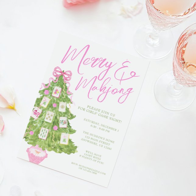 Watercolor Merry & Mahjong Christmas Tree Party Invitation (Creator Uploaded)